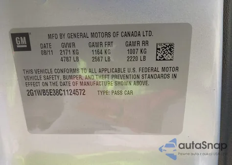 2012 Chevrolet Impala Lt из США, поврежденный, VIN 2G1WB5E38C1124572